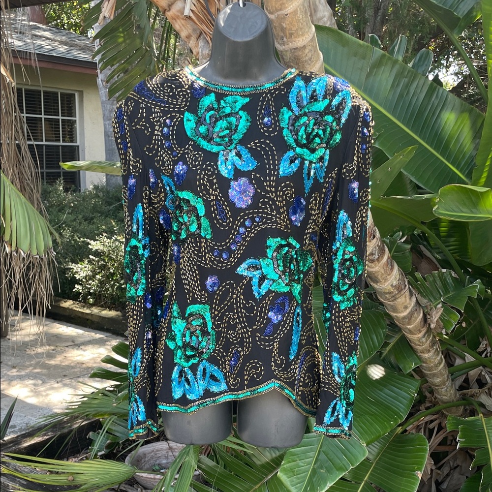 Scala fun  dark floral beaded and sequin silk top with shoulder pads